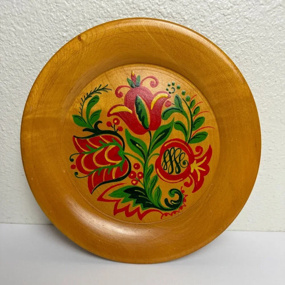 Wooden Decor Plate Flowers Hand Painted 8.75